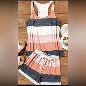 Color block two piece Shorts Set. Tank top, and drawstring elastic waist shorts.